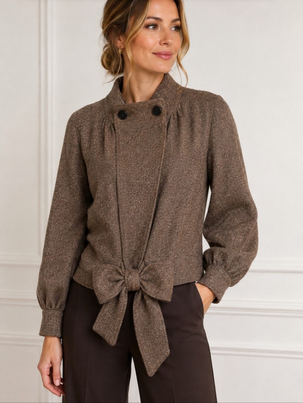 Badgley Mischka Tan Funnelneck Tweed Wool Blend Jacket Bow Drop Waist Vintage 10